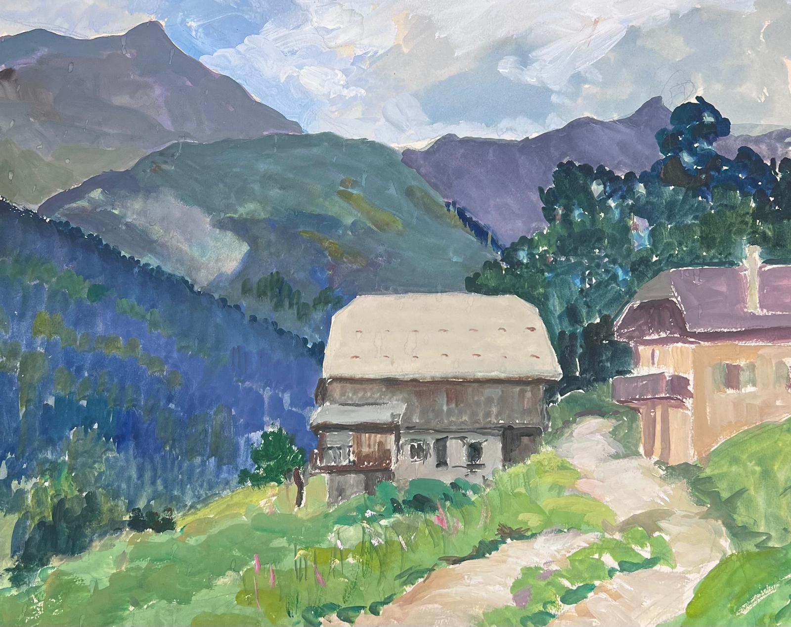 Louise Alix Landscape Painting - 1930's French Impressionist Gouache Huts In Summer Mountains 