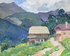 1930's French Impressionist Gouache Hütten im Sommer Berge 