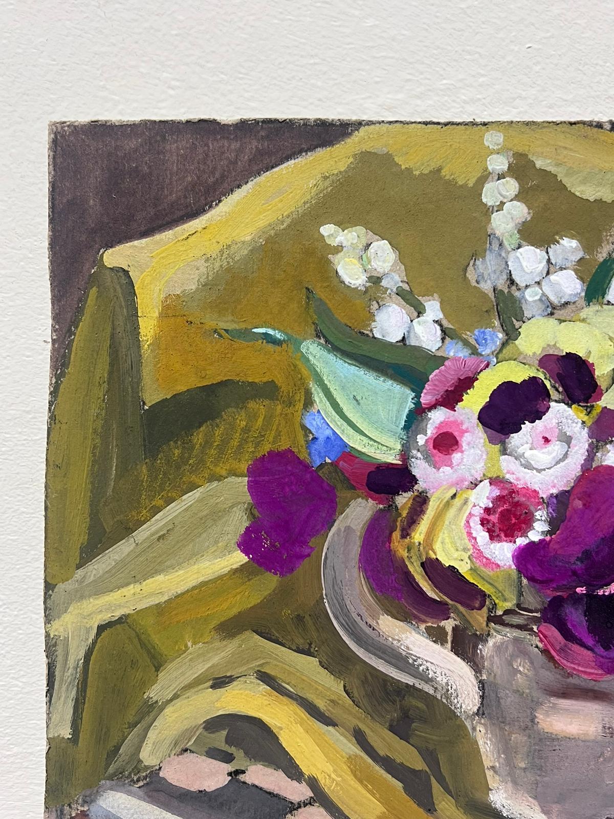 Purple Flower Bunch
by Louise Alix (French, 1888-1980) *see notes below
provenance stamp to the back 
oil painting on board, unframed
measures: 10.75 high by 13 inches wide
condition: overall very good and sound, a few scuffs and marks to the