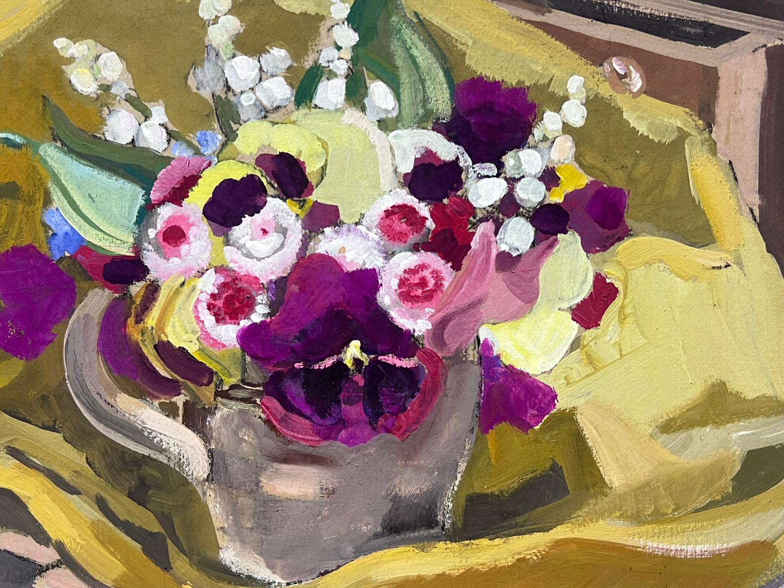 1930's French Impressionist Gouache Purple Flower Bunch In Yellow Paper For Sale 1