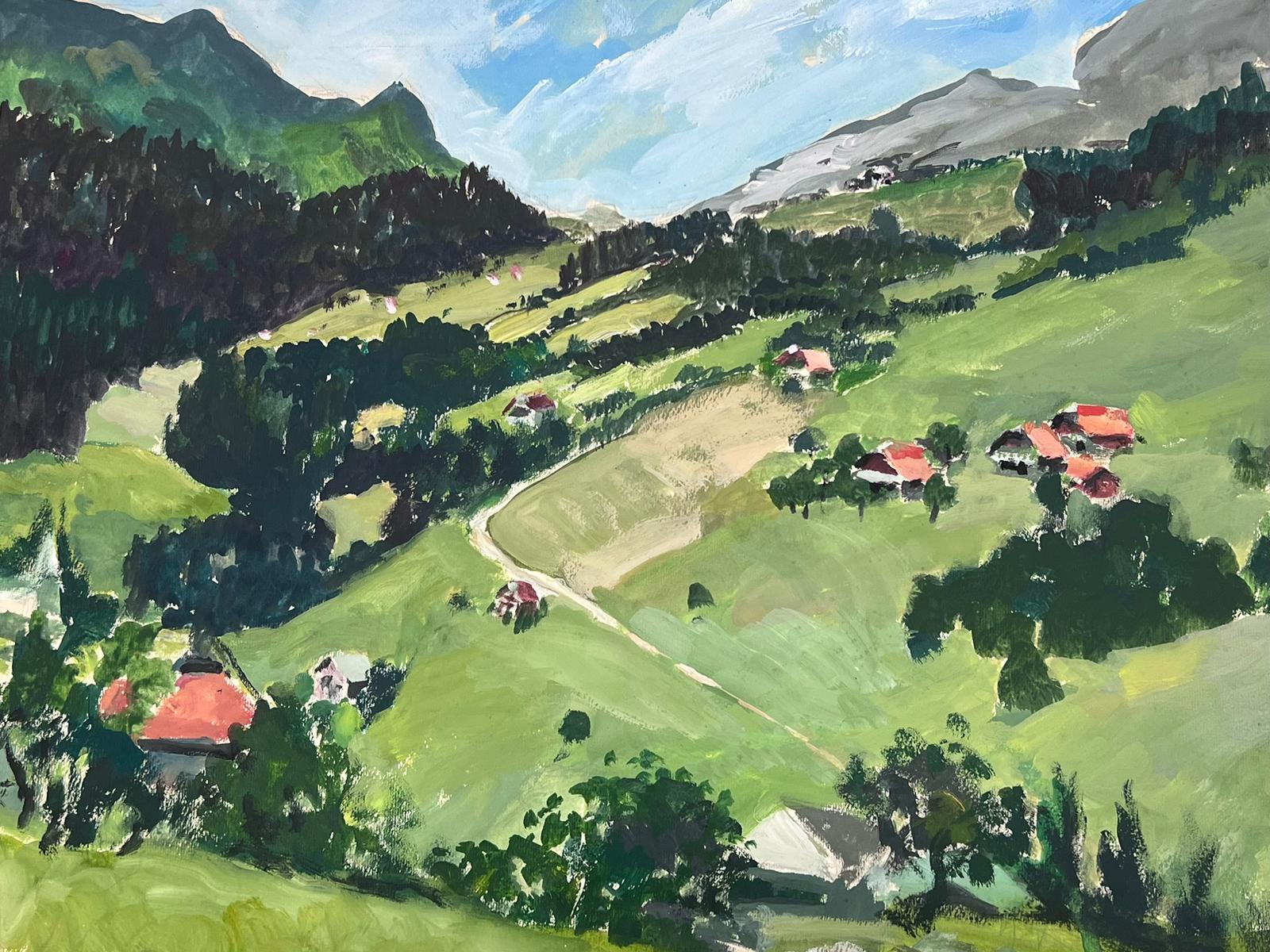 1930's French Impressionist Gouache Red Roof Houses Dotted In Summer Green Hills - Painting by Louise Alix