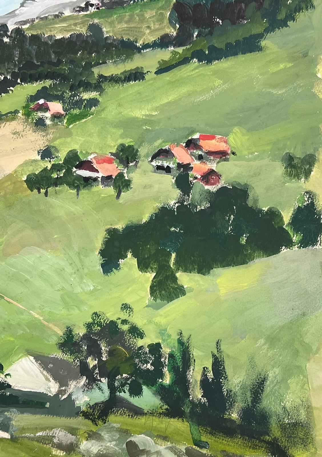 1930's French Impressionist Gouache Red Roof Houses Dotted In Summer Green Hills - Gray Landscape Painting by Louise Alix