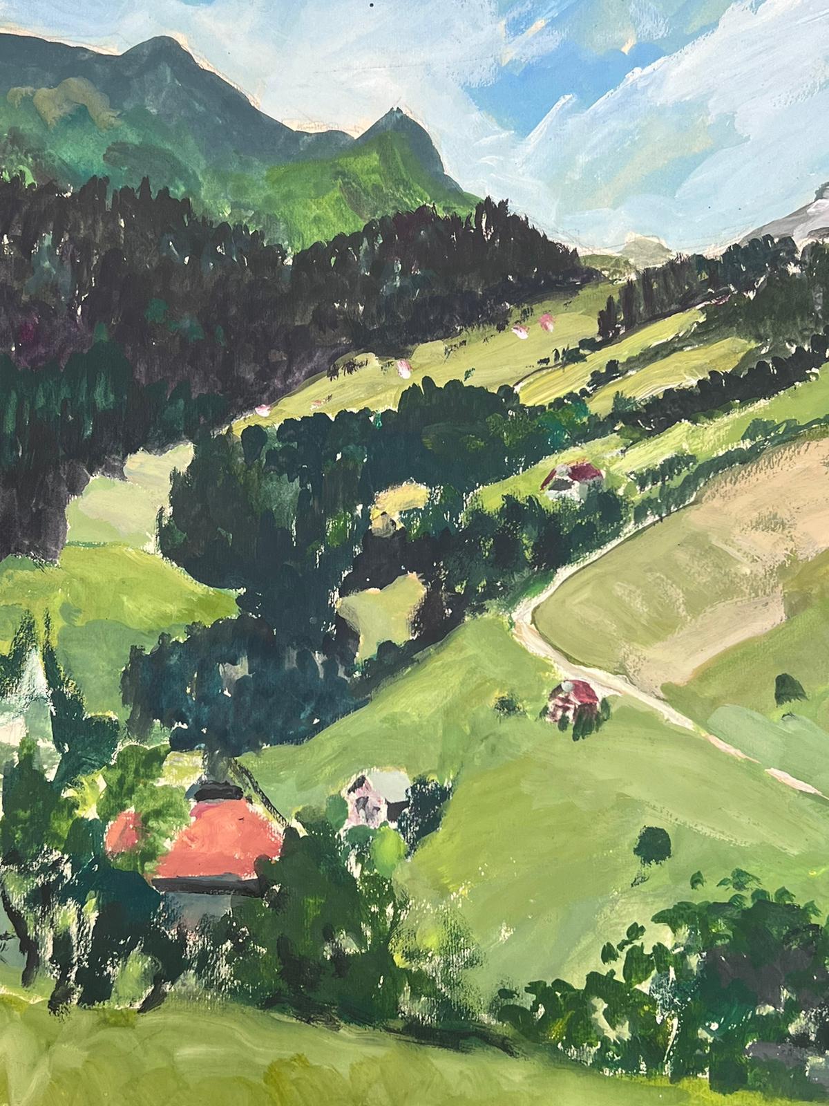 French Landscape
by Louise Alix (French, 1888-1980) *see notes below
provenance stamp to the back 
gouache painting on artist paper, unframed
measures: 12.75 high by 16.5 inches wide
condition: overall very good and sound, a few scuffs and marks to