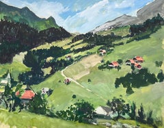 1930's French Impressionist Gouache Red Roof Houses Dotted In Summer Green Hills
