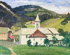 1930's French Impressionist Gouache Village Church In Open Green Field Hills