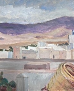 Gouache francese impressionista del 1930: edifici bianchi in un paesaggio montano sabbioso