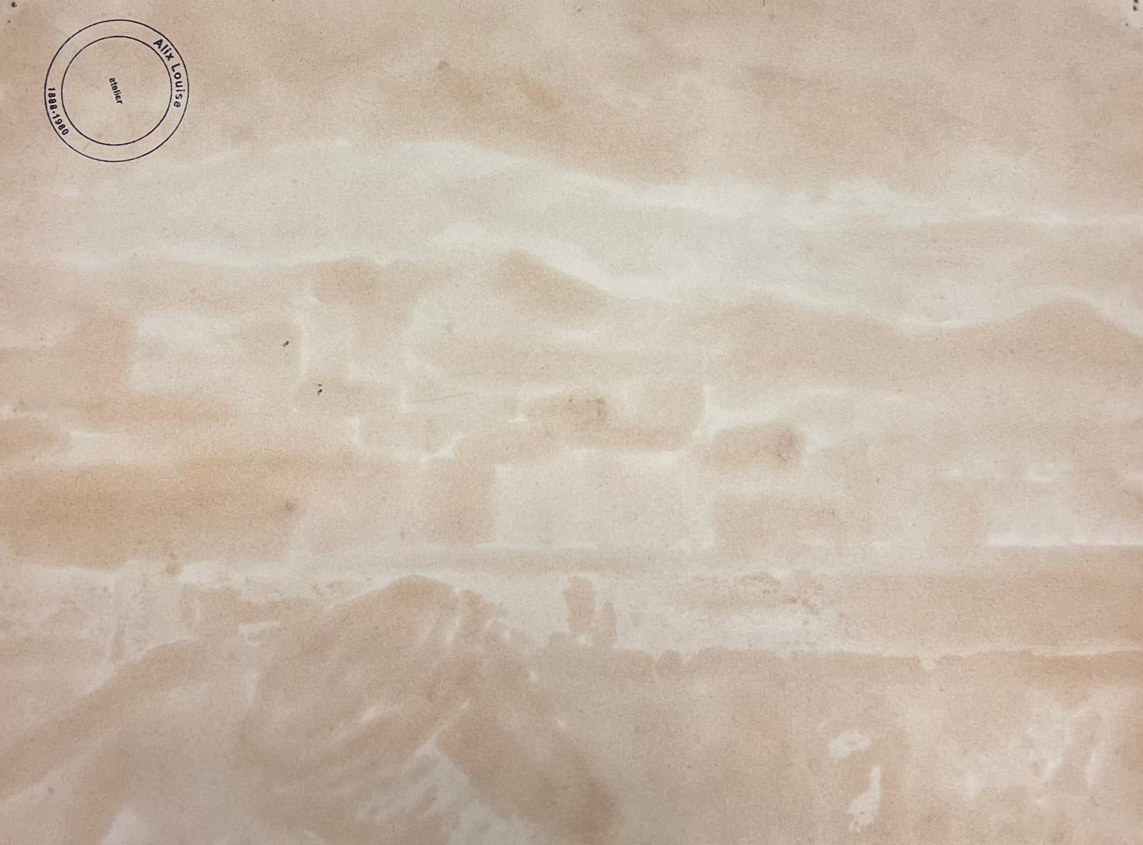 Paisaje francés
firmado por Louise Alix (francesa, 1888-1980) *ver notas más abajo
sello de procedencia en el reverso 
pintura al gouache sobre papel de artista, sin enmarcar
Medidas: 10,5 de alto por 14,5 pulgadas de ancho
Estado: en general, muy