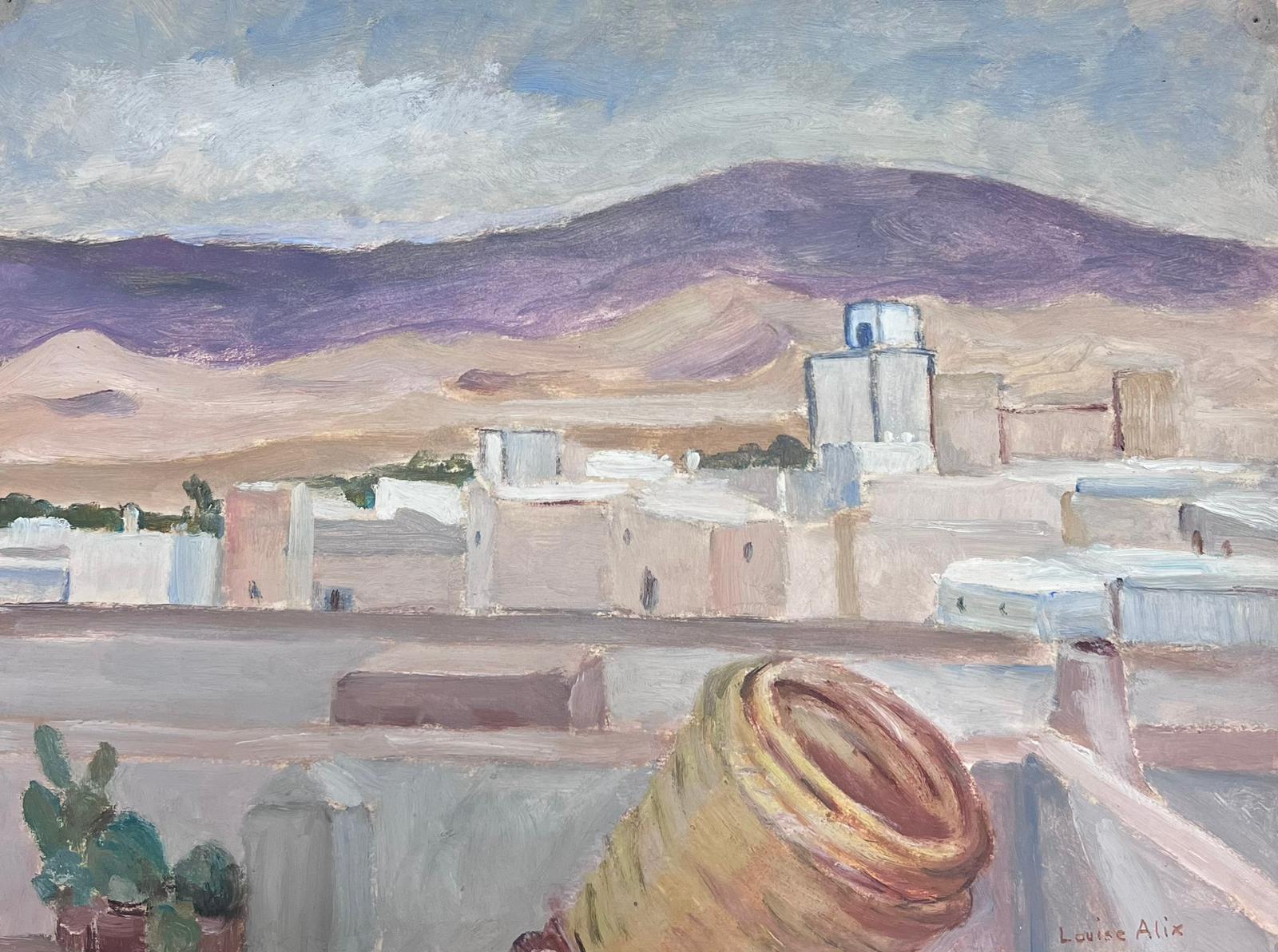 Louise Alix Landscape Painting - 1930's French Impressionist Gouache White Buildings In Sandy Mountain Landscape