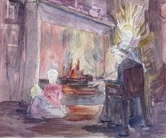 1930
s French Impressionist Grandma and Children Sat By The Fire Angelic Figure