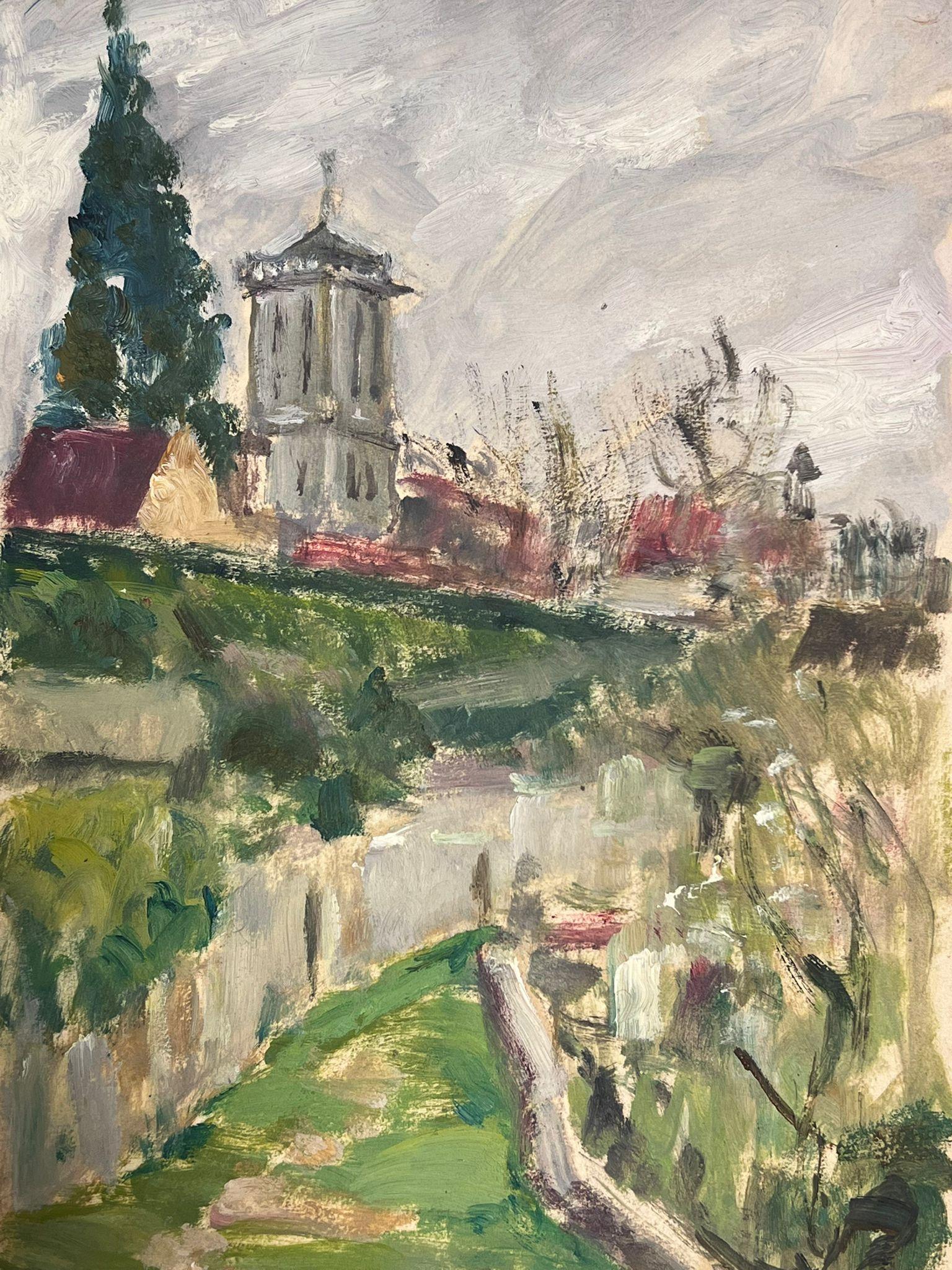 French Landscape
by Louise Alix, French 1950's Impressionist 
gouache on artist paper, unframed
painting: 10.5 x 7.25 inches
provenance: from a large private collection of this artists work in Northern France
condition: original, good and sound