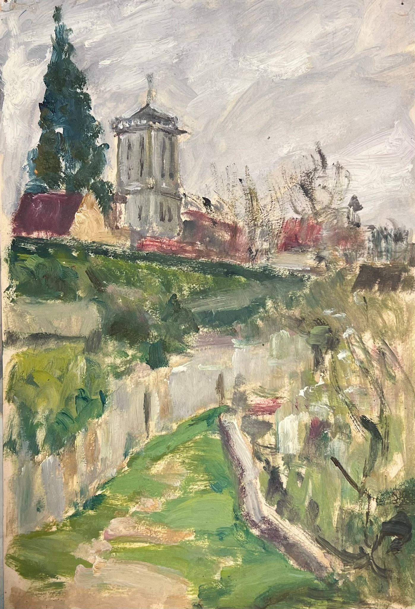 1930's French Impressionist Green Fence Pathway Leading To Village Church For Sale 1