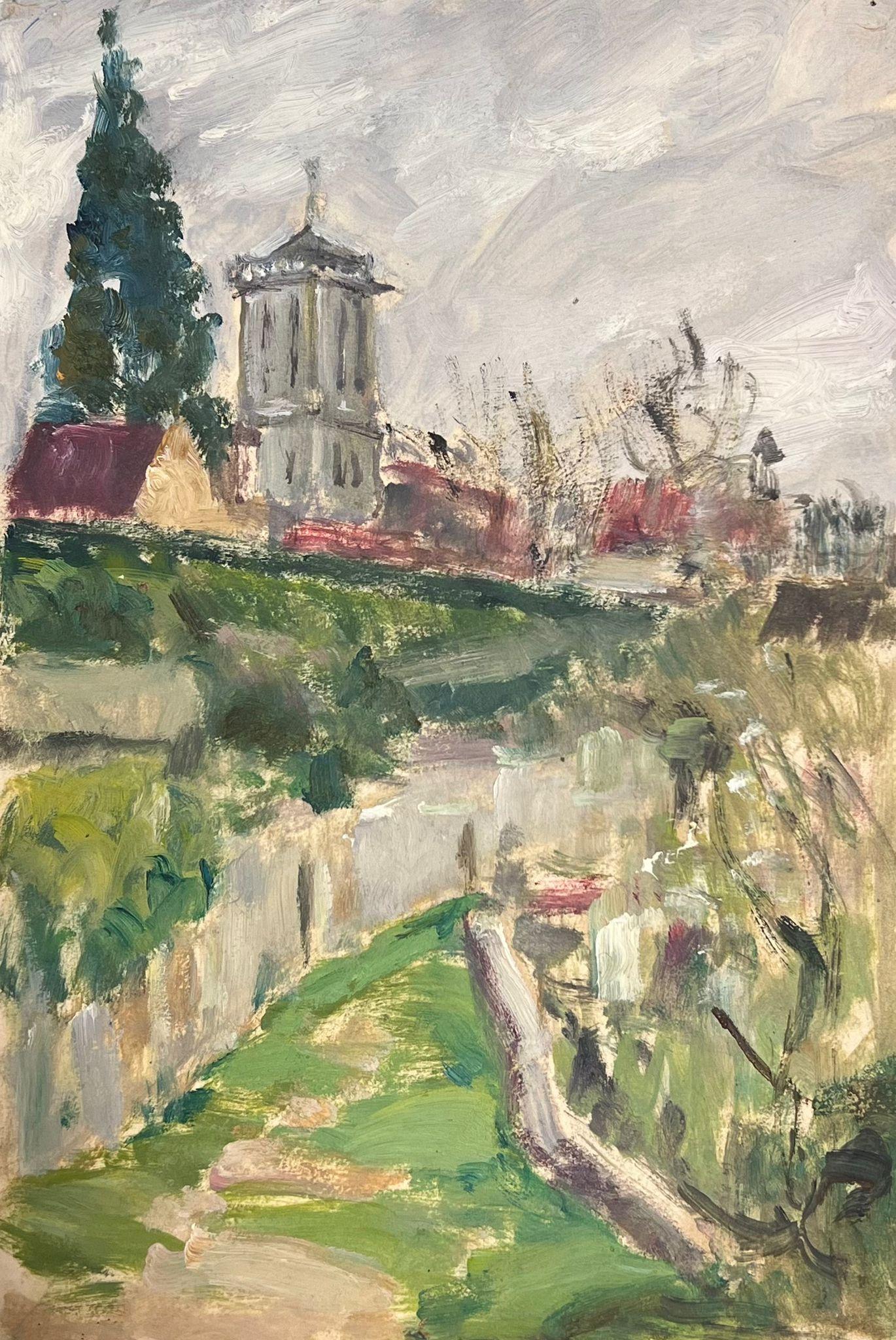 Louise Alix Landscape Painting - 1930's French Impressionist Green Fence Pathway Leading To Village Church