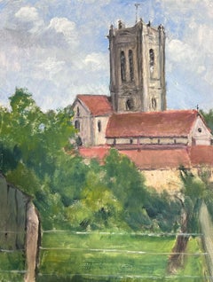 1930's French Impressionist Green Fenced Field Behind Village Church