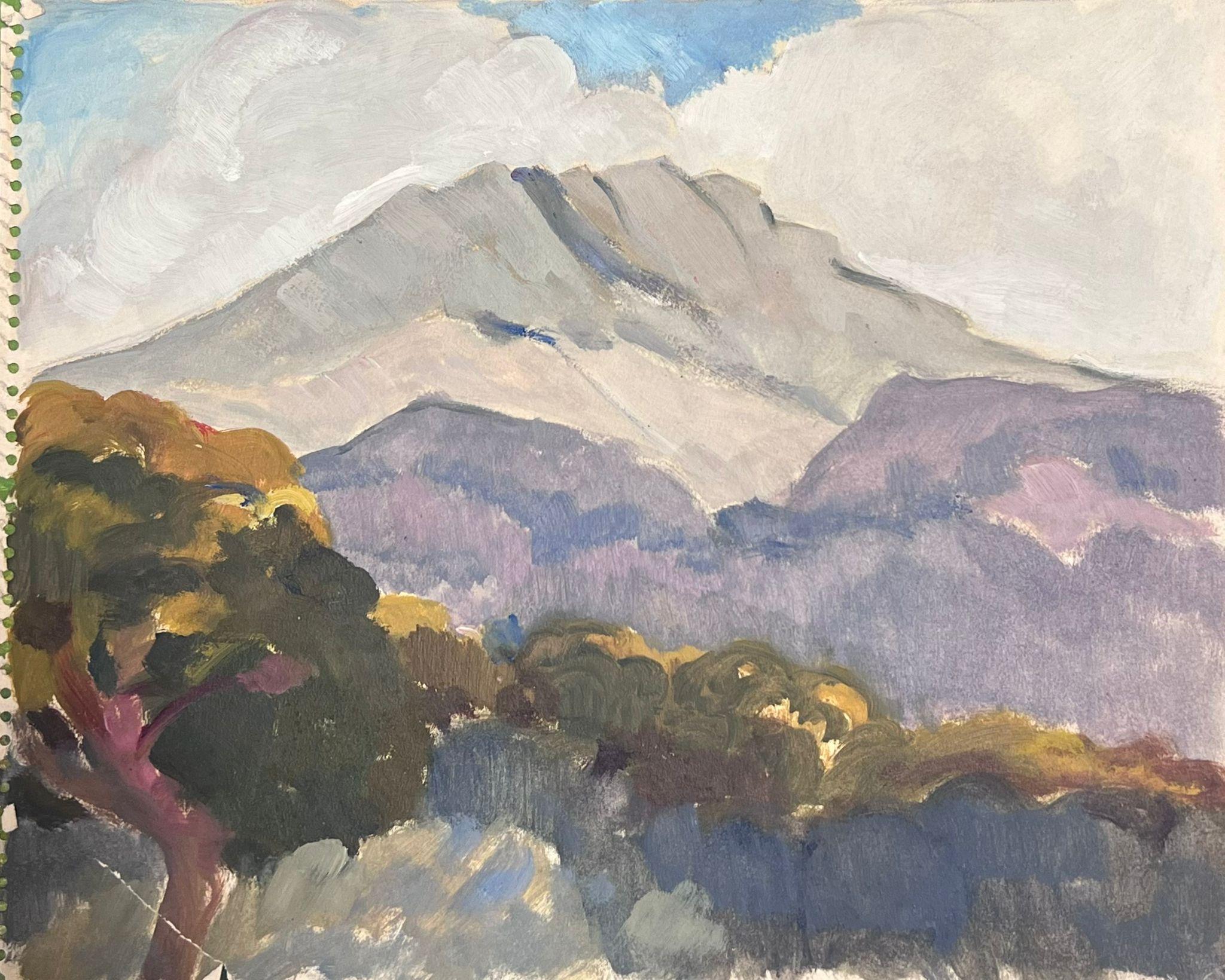 1930's French Impressionist Grau und lila Berge in blauem wolkigen Himmel – Painting von Louise Alix