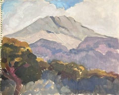 1930's French Impressionist Grey and Purple Mountains in Blue Cloudy Sky