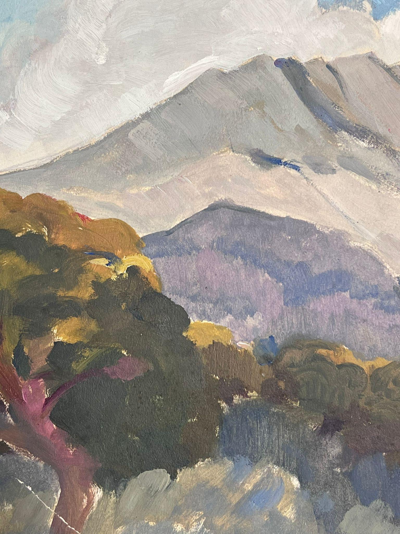 Mountain Landscape
by Louise Alix, French 1950's Impressionist 
gouache on artist paper, unframed
painting: 8.5 x 10.5 inches
provenance: from a large private collection of this artists work in Northern France
condition: original, good and sound