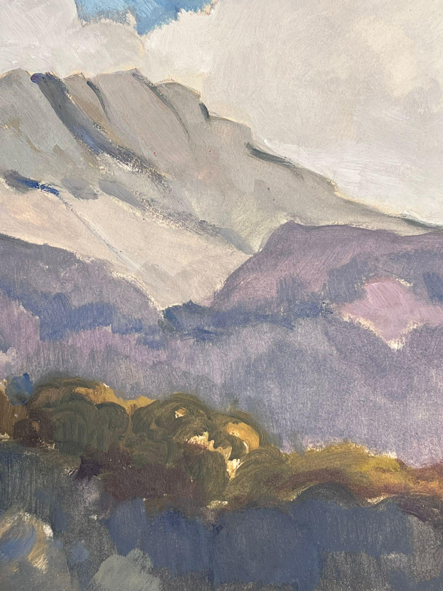 1930's French Impressionist Grey and Purple Mountains in Blue Cloudy Sky For Sale 1