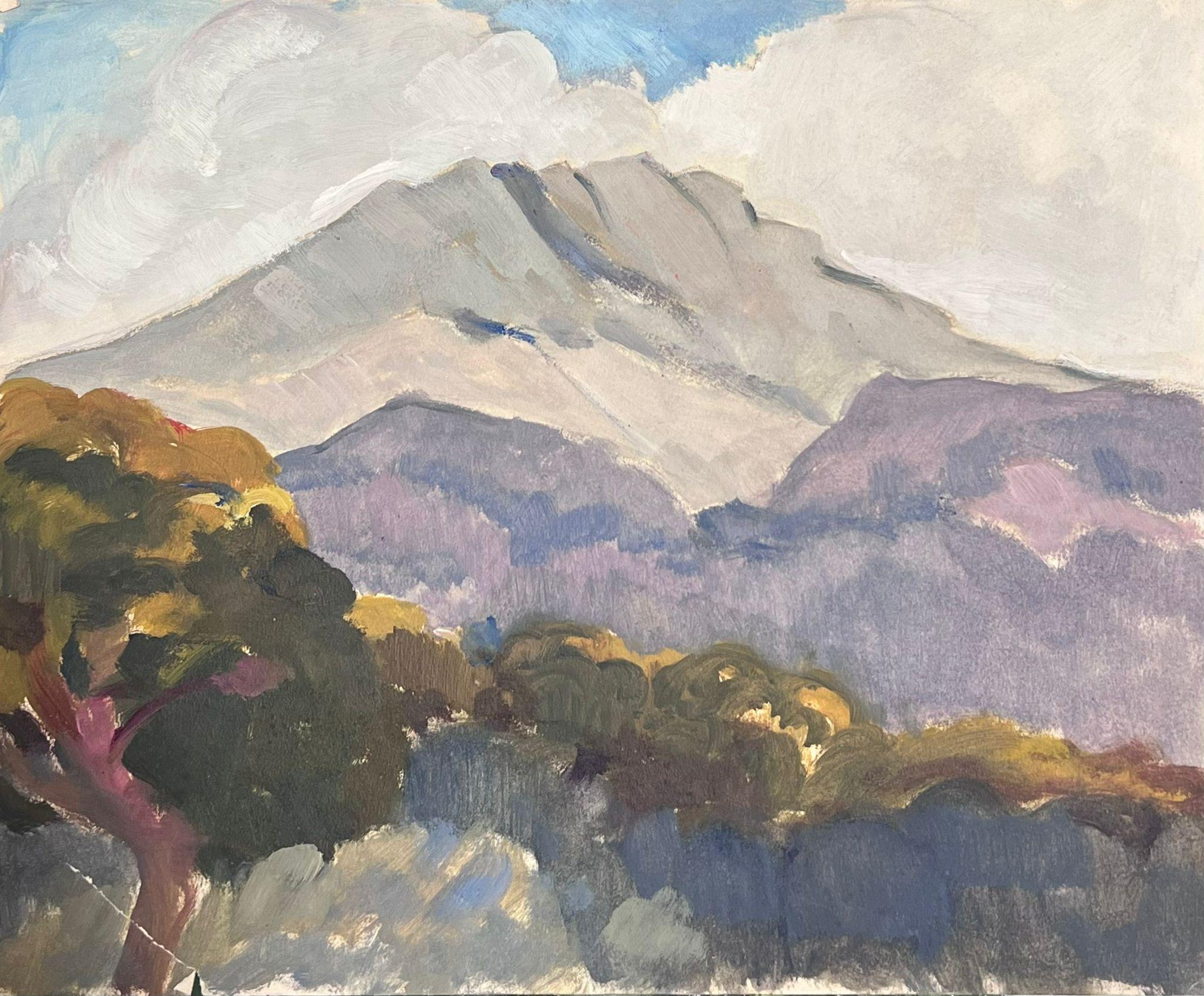 Louise Alix Landscape Painting - 1930's French Impressionist Grey and Purple Mountains in Blue Cloudy Sky