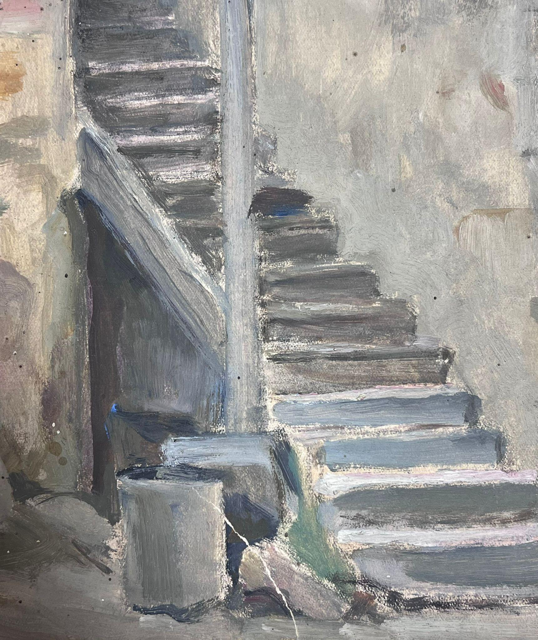 Französisches impressionistisches Gouache-Gemälde aus grauem Stein, Stair Way, 1930er Jahre  – Painting von Louise Alix
