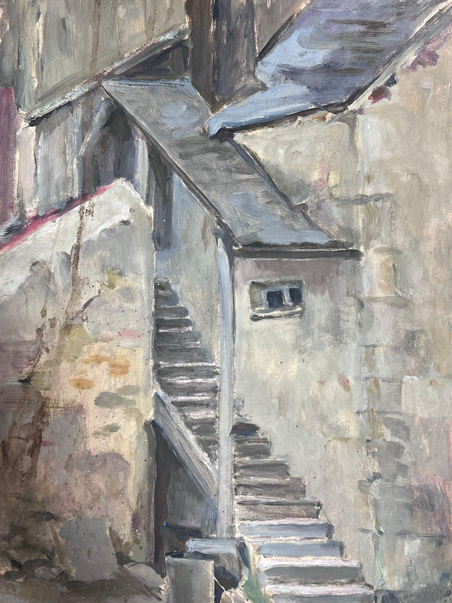Französisches impressionistisches Gouache-Gemälde aus grauem Stein, Stair Way, 1930er Jahre  (Impressionismus), Painting, von Louise Alix