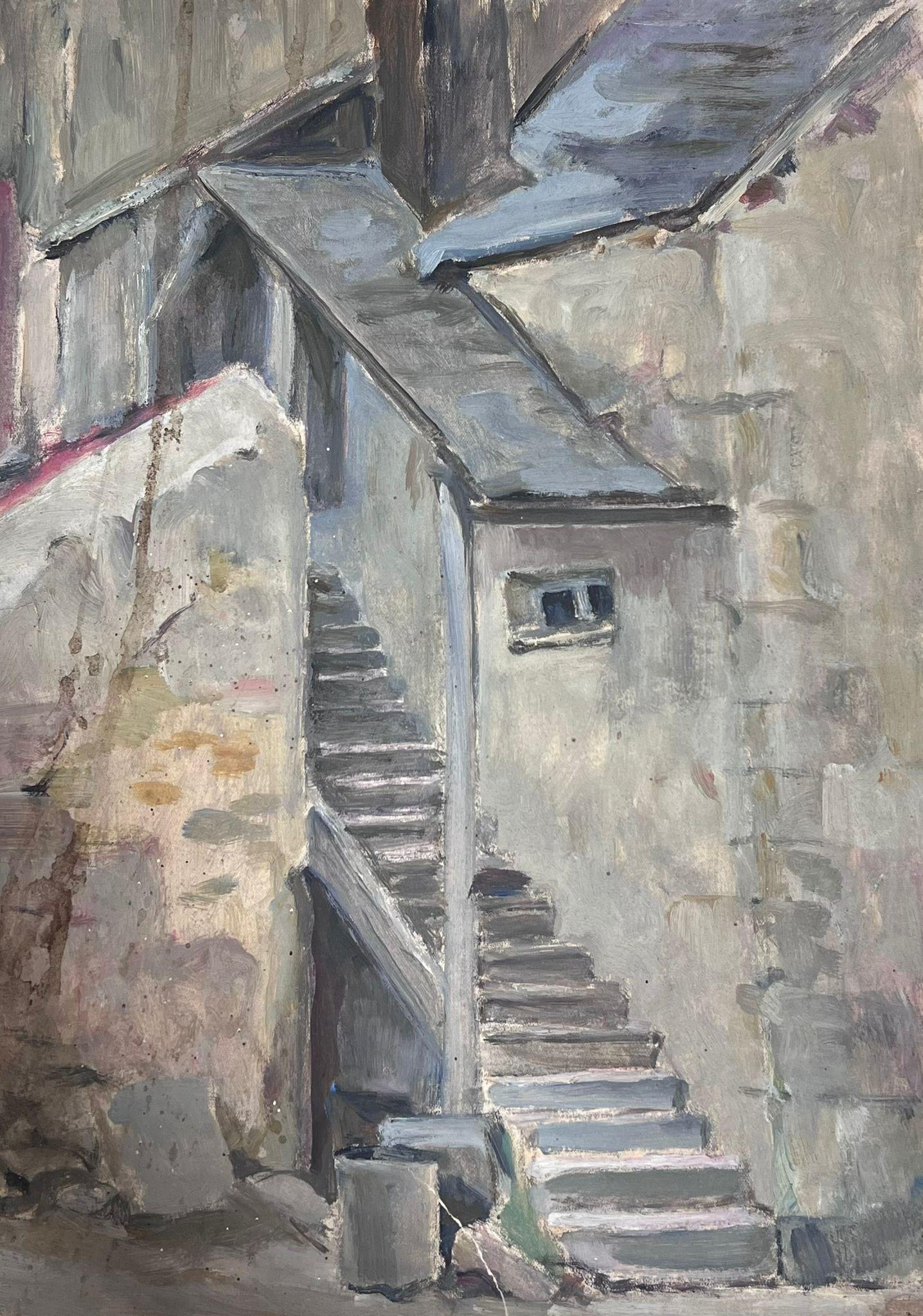 1930's French Impressionist Grey Stone Stair Way Gouache Painting  For Sale 2