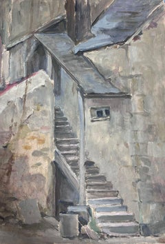 Peinture impressionniste française des années 1930 à la gouache sur le chemin de l'escalier en pierre grise 