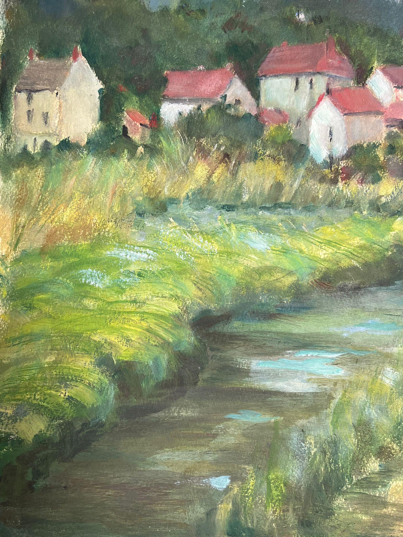 French Landscape
by Louise Alix, French 1950's Impressionist 
gouache on artist paper, unframed
painting: 15 x 18.5 inches
provenance: from a large private collection of this artists work in Northern France
condition: original, good and sound