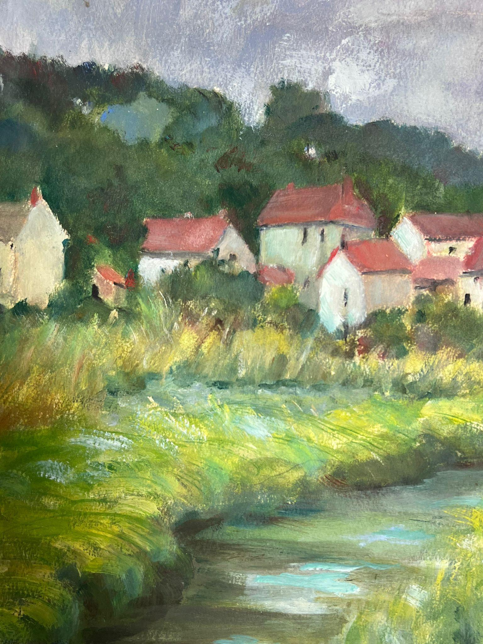 1930's French Impressionist High Rise Green Flowing Stream Through Red Roof Town For Sale 1