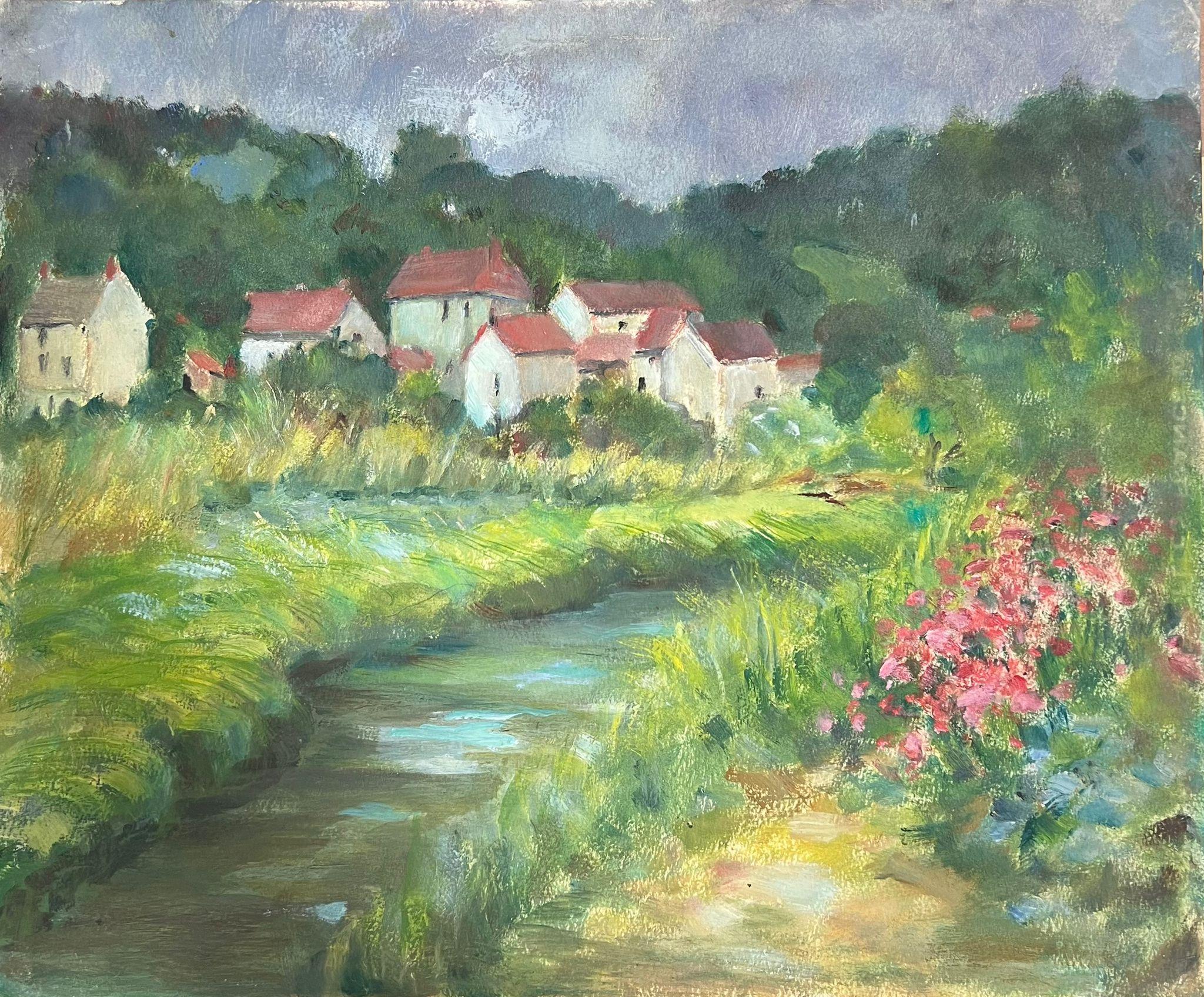 1930's French Impressionist High Rise Green Flowing Stream Through Red Roof Town For Sale 3