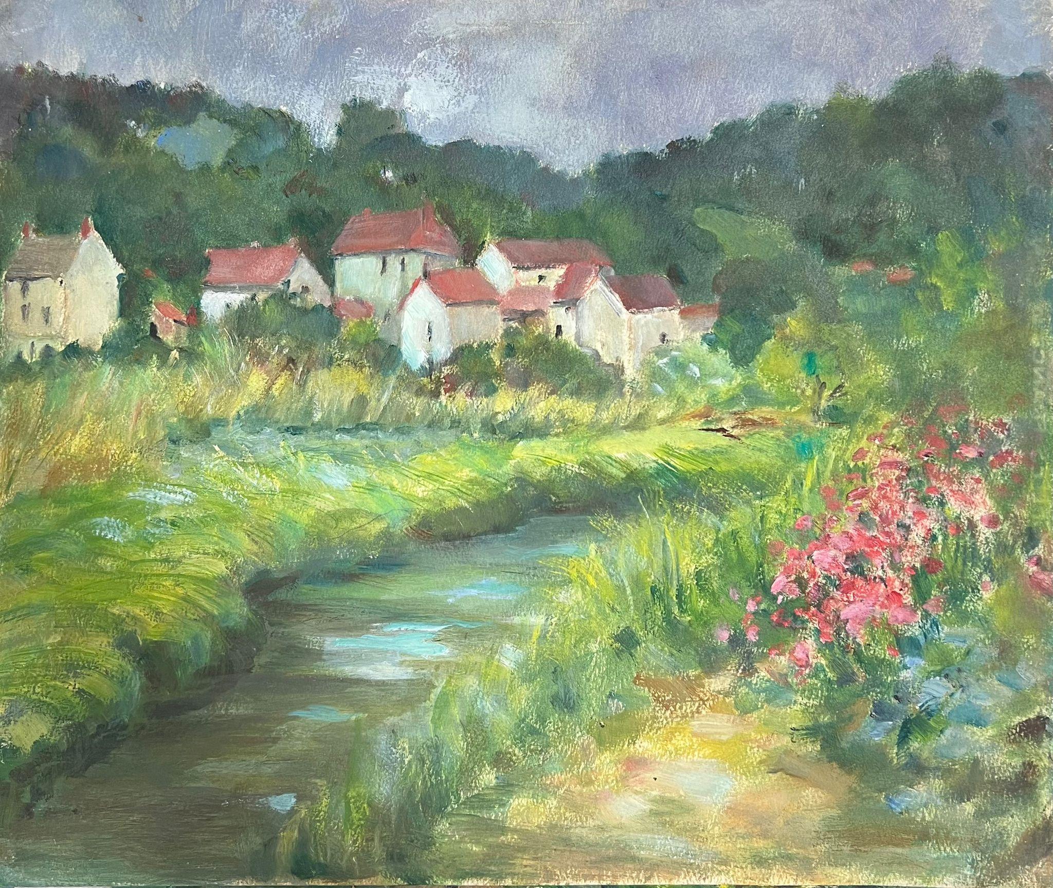 Louise Alix Landscape Painting - 1930's French Impressionist High Rise Green Flowing Stream Through Red Roof Town