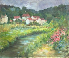 1930's French Impressionist High Rise Green Flowing Stream Through Red Roof Townes