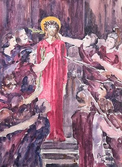 1930's French Impressionist Jesus and His Twelve Disciples Gathered Watercolour