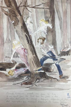 1930's French Impressionist Lumber Jack Axing A Mythological Tree