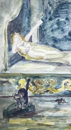 1930's French Impressionist Maiden Lying On Four Pillar Bed Watercolour Painting