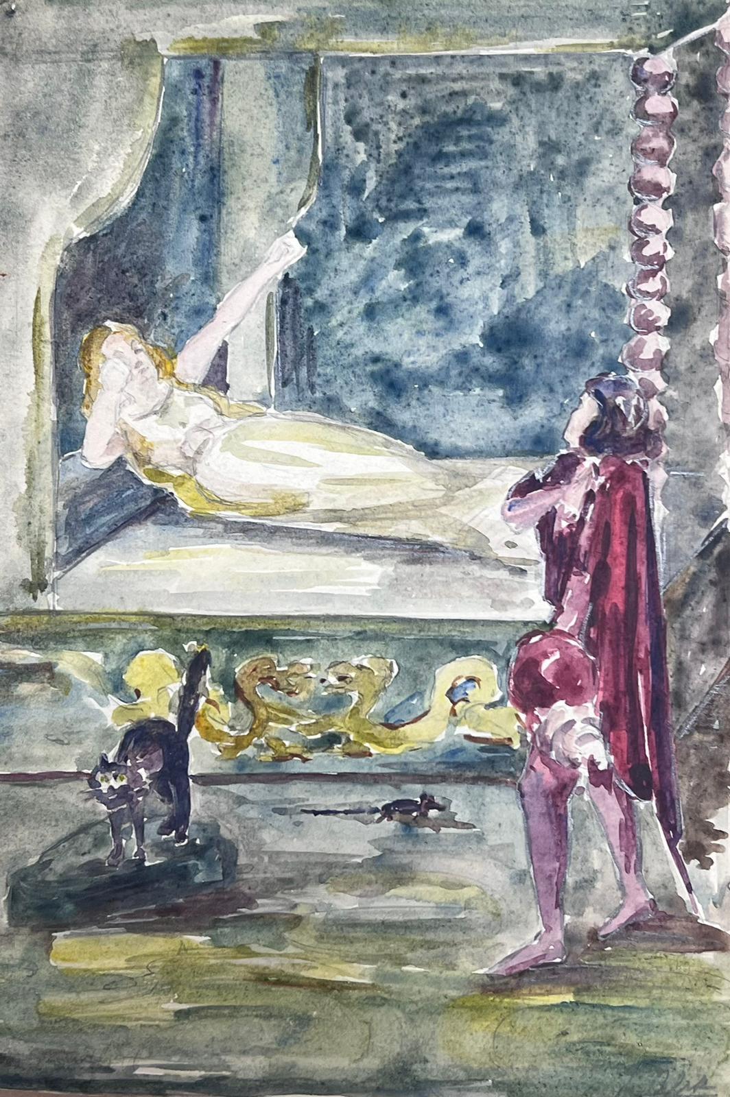 Louise Alix Landscape Painting - 1930's French Impressionist Maiden Lying On Four Pillar Bed Watercolour Painting