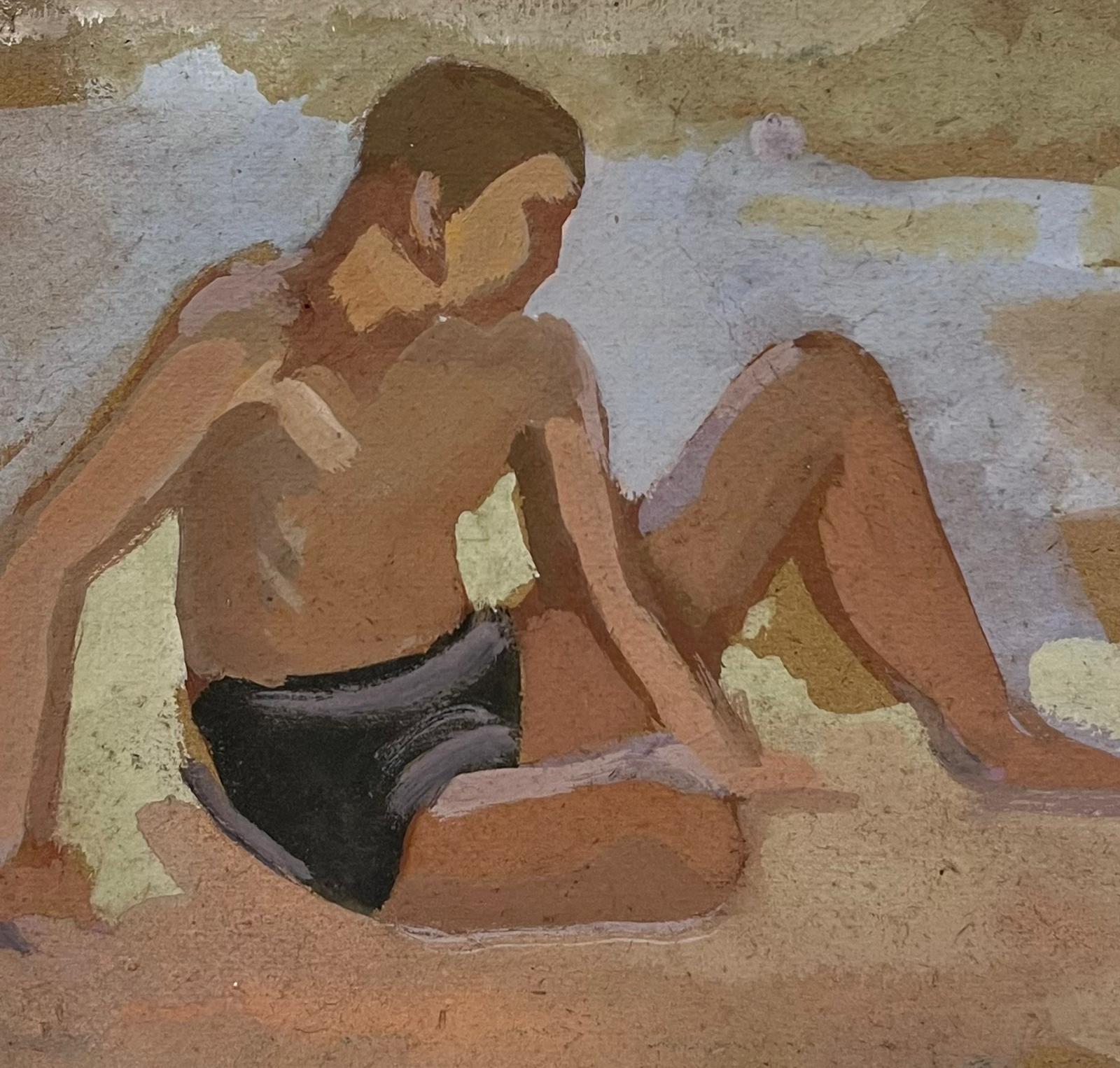 1930er Jahre Französisch Impressionist männliche Figur posiert in schwarzen Badehosen am Strand – Painting von Louise Alix