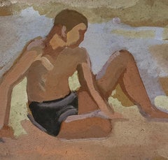 1930's French Impressionist Male Figure Posed In Black Swimming Trunks On Beach