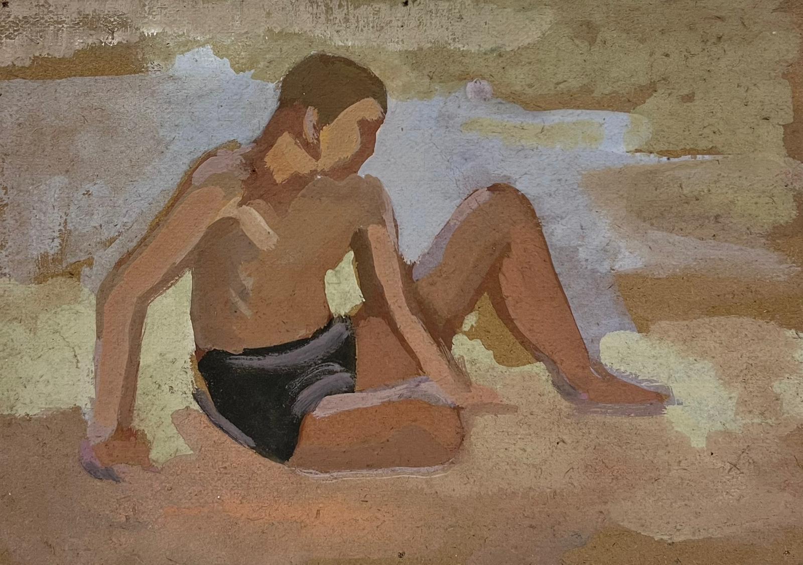 Louise Alix Figurative Painting – 1930er Jahre Französisch Impressionist männliche Figur posiert in schwarzen Badehosen am Strand