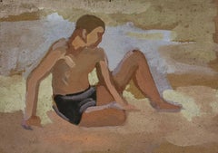 Figure masculine impressionniste française des années 1930, posée dans des malles de bain noires sur la plage