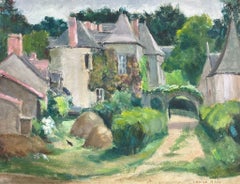 1930's French Impressionist Moss Covered Stone Bridge Large Chateau Path