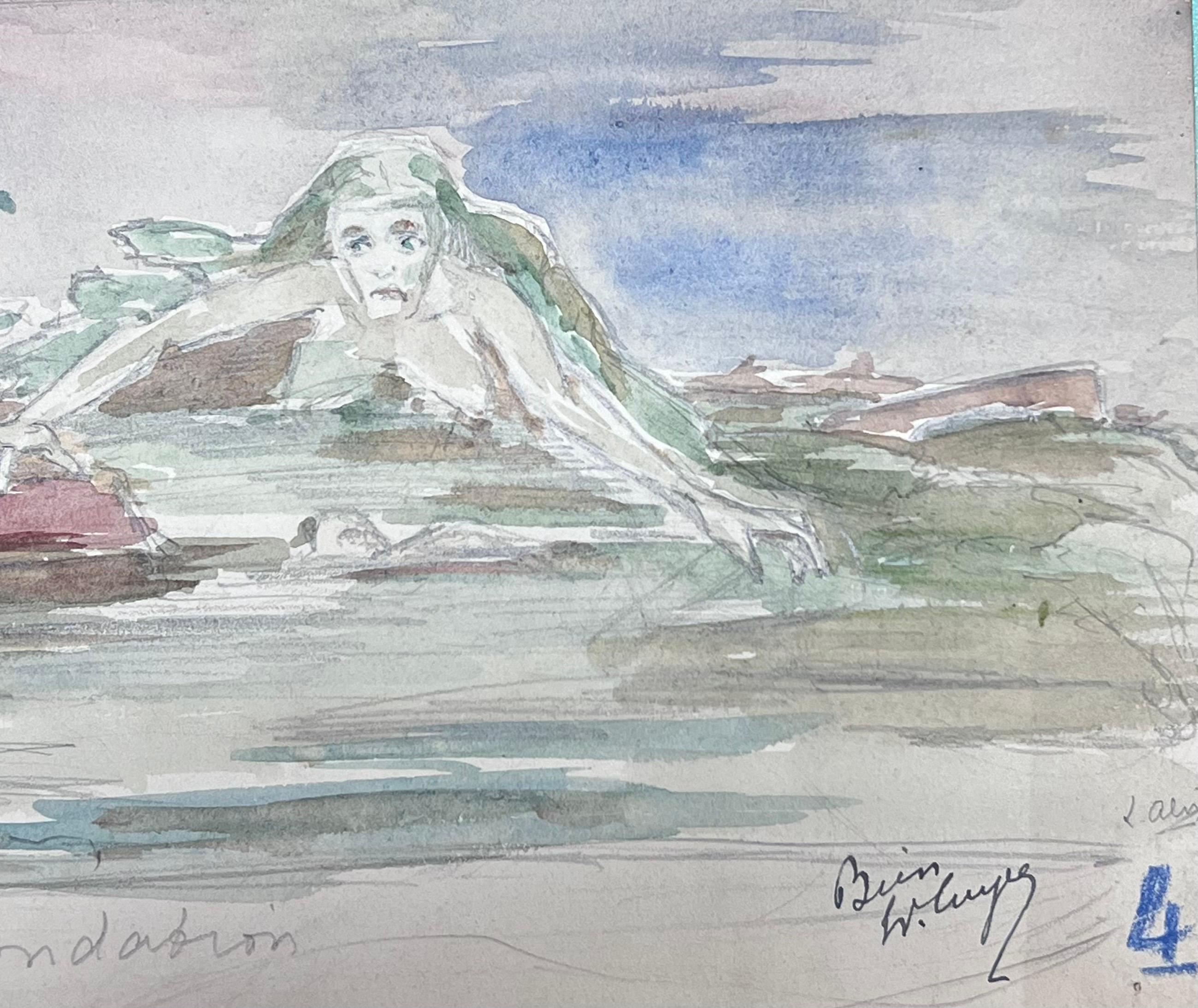 French Landscape
signed by Louise Alix (French, 1888-1980) *see notes below
provenance stamp to the back 
watercolour painting on artist paper, unframed
measures: 5.25 high by 10.75 inches wide
condition: overall very good and sound, a few scuffs