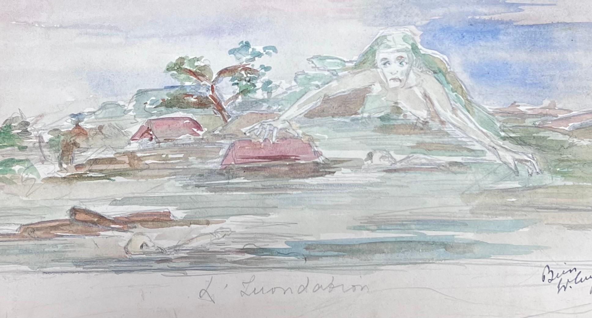 1930er Jahre Französisch Impressionist mythischen Meer Figur steigt über das Meer (Grau), Figurative Painting, von Louise Alix
