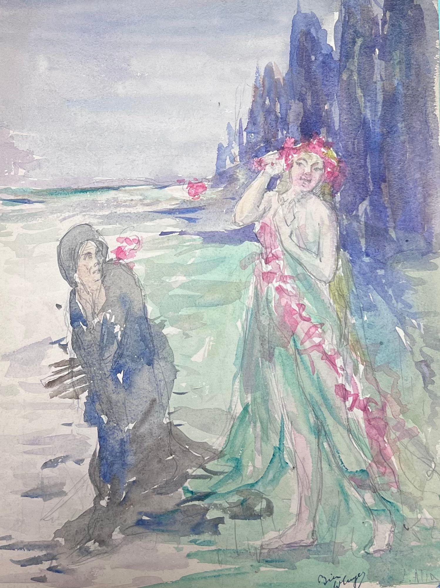 Französisch-impressionistische mythologische Meerjungfrau und Slave am Strand, 1930er Jahre (Grau), Figurative Painting, von Louise Alix