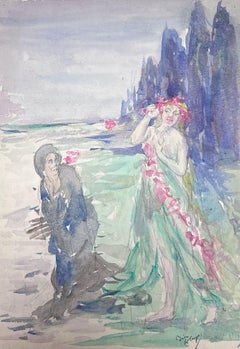 Französisch-impressionistische mythologische Meerjungfrau und Slave am Strand, 1930er Jahre 