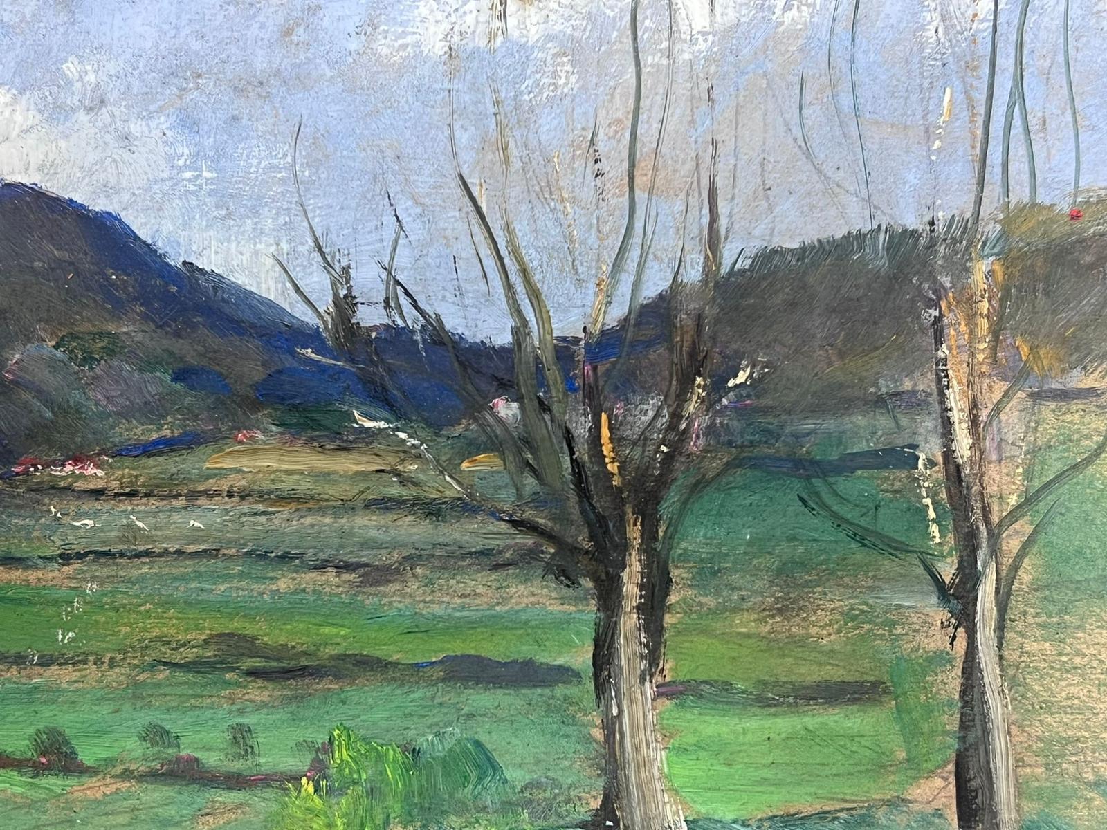 Huile impressionniste française des années 1930, arbre nu dans un paysage vert  - Painting de Louise Alix