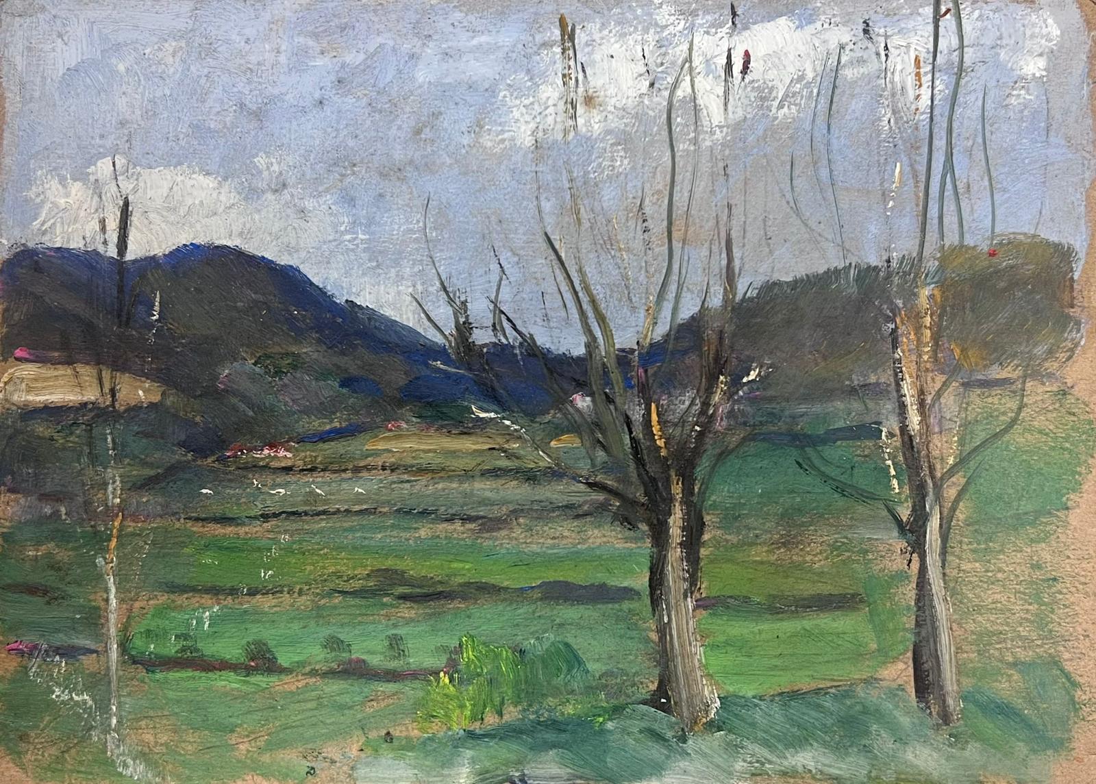 Landscape Painting Louise Alix - Huile impressionniste française des années 1930, arbre nu dans un paysage vert 