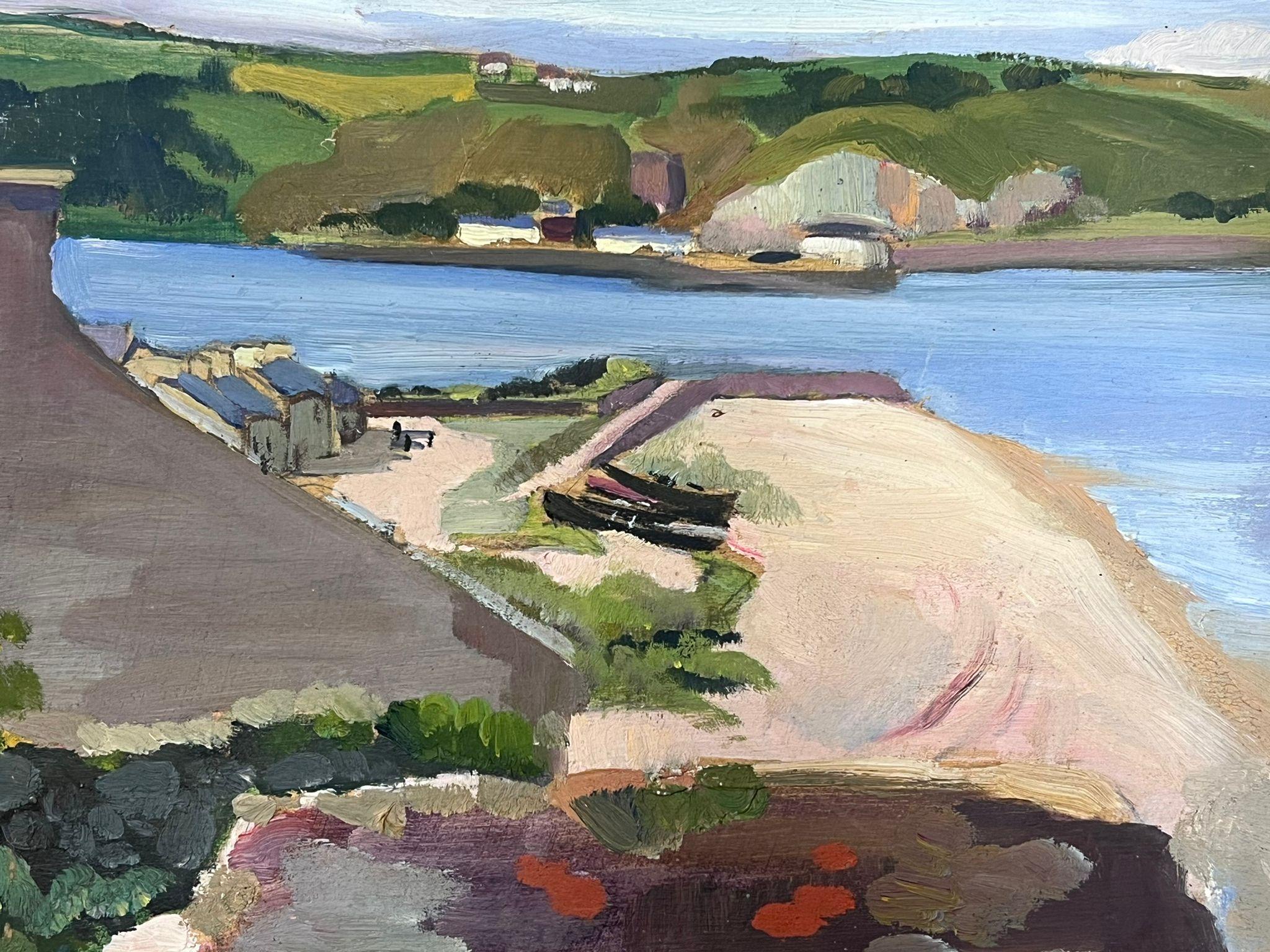 Olio impressionista francese del 1930: Paesaggio di una città costiera sulla spiaggia - Painting di Louise Alix
