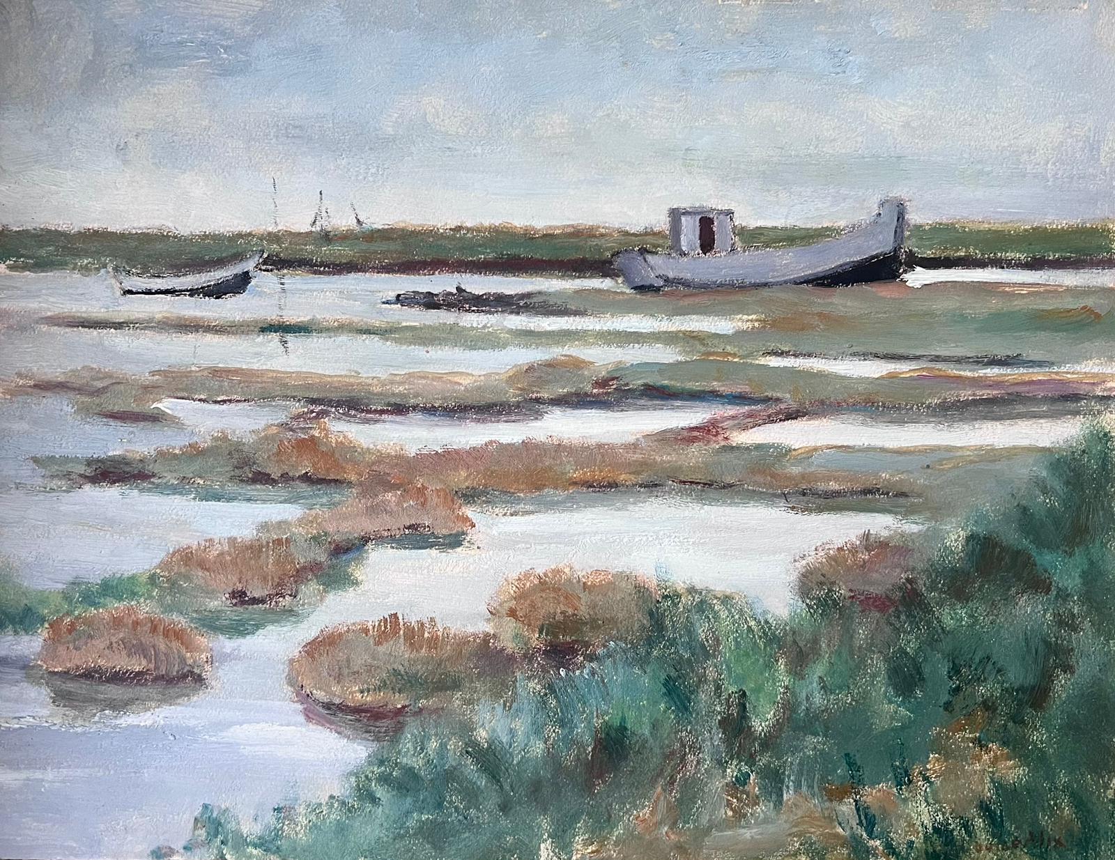 1930's French Impressionist Oil Boat In Bay Coast Landscape