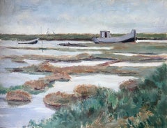 Französische impressionistische Ölboot-Landschaft an der Bay Coast, 1930er Jahre