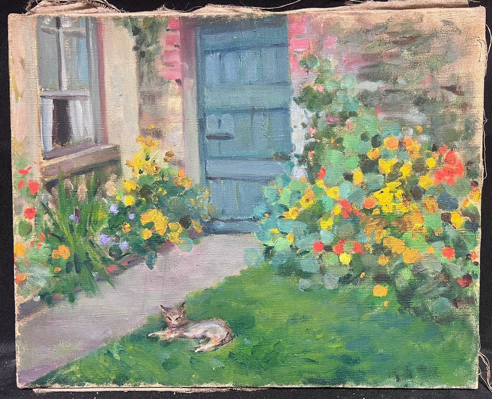 1930's French Impressionist Oil Cottage Flower Garden & Cat on Lawn - Painting by Louise Alix